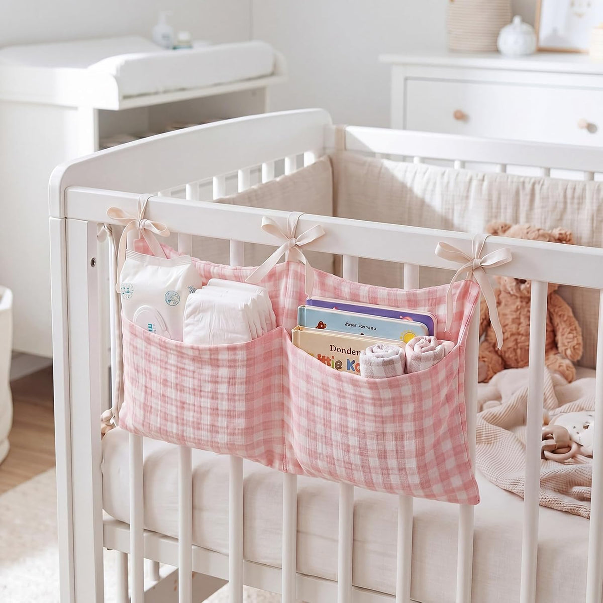 Gingham Crib Hanging Organizer Gingham Diaper Bag Organizer Playpen Organizers Hanging Cotton Crib Storage Bag for Baby Girl's Room(Beige)