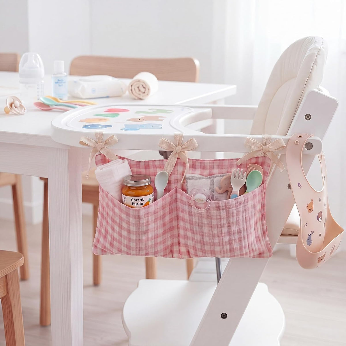 Gingham Crib Hanging Organizer Gingham Diaper Bag Organizer Playpen Organizers Hanging Cotton Crib Storage Bag for Baby Girl's Room(Beige)