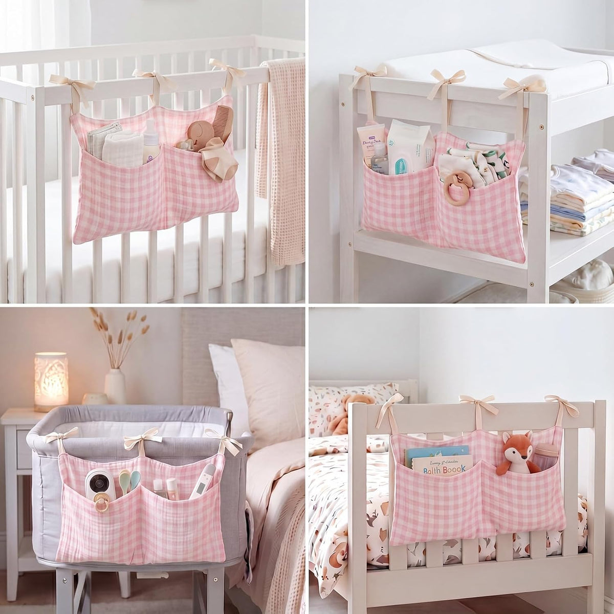Gingham Crib Hanging Organizer Gingham Diaper Bag Organizer Playpen Organizers Hanging Cotton Crib Storage Bag for Baby Girl's Room(Beige)