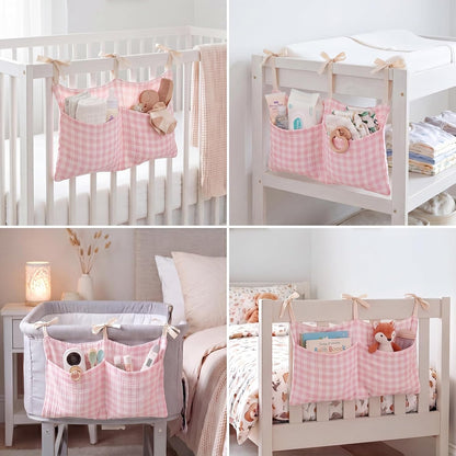 Gingham Crib Hanging Organizer Gingham Diaper Bag Organizer Playpen Organizers Hanging Cotton Crib Storage Bag for Baby Girl's Room(Beige)