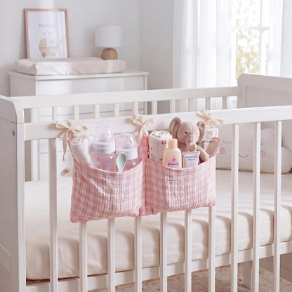 Gingham Crib Hanging Organizer Gingham Diaper Bag Organizer Playpen Organizers Hanging Cotton Crib Storage Bag for Baby Girl's Room(Beige)