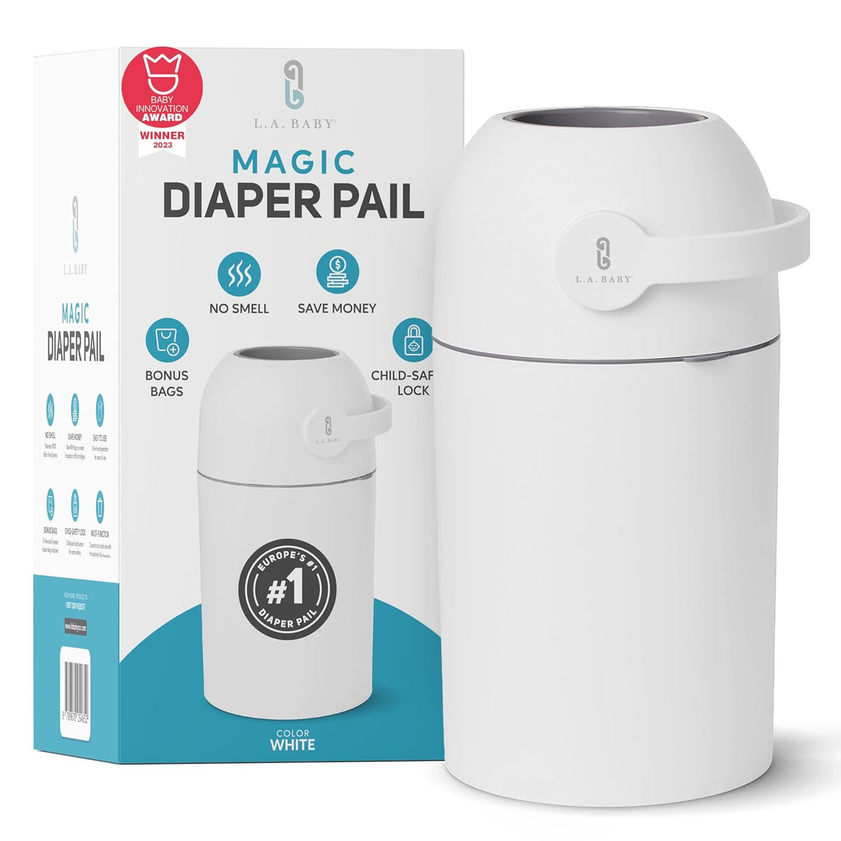 Magic Diaper Pail - Patented 100% Odor-Free System with Child-Safe Lock - Award-Winning Design - No Refills Required - Works with Regular Trash Bags - White