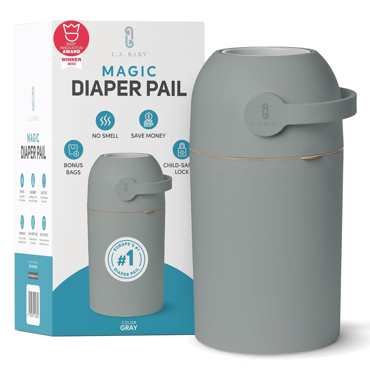 Magic Diaper Pail - Patented 100% Odor-Free System with Child-Safe Lock - Award-Winning Design - No Refills Required - Works with Regular Trash Bags - White