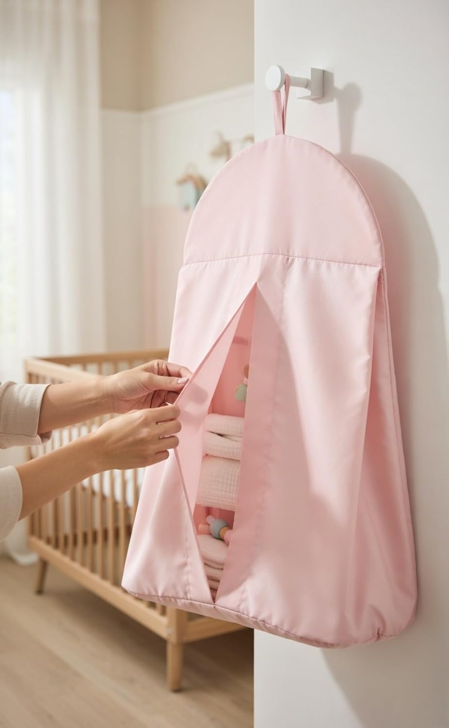 Light Pink Hanging Baby Diaper Caddy Organizer for Changing Station; Baby Nursery Décor for Girls; Diaper Stacker with Hook for Easy Reach - Safe Diaper Changes; Portable, Washable and Foldable