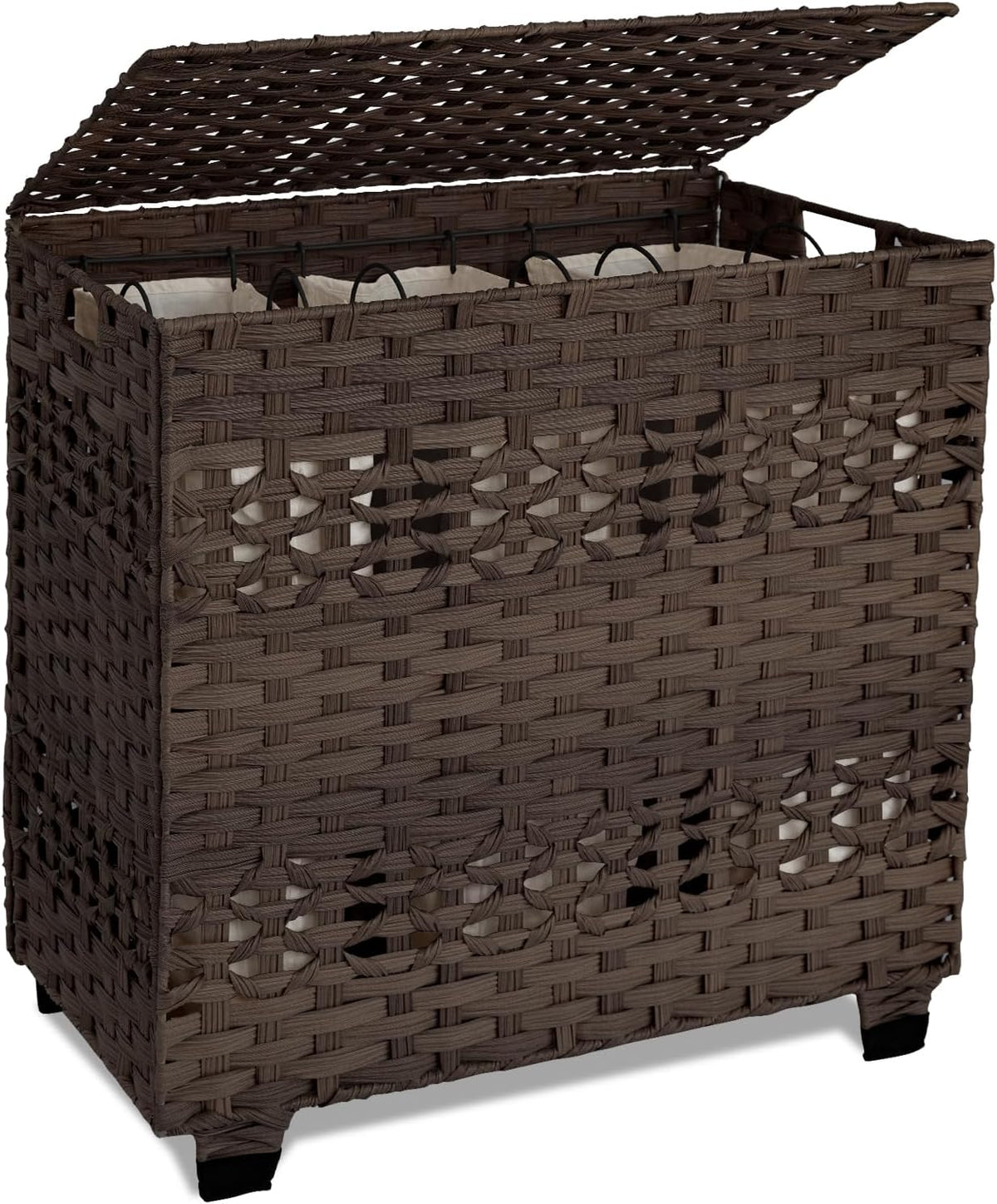 OIAHOMY Laundry Hamper with Lid, 140L Clothes Hamper with 3 Removable Liner Bags, Foldable Basket with Lid, Synthetic Wicker Laundry Basket for Bedroom, 27x 13 x 26 Inches, Grey