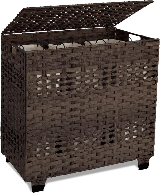 OIAHOMY Laundry Hamper with Lid, 140L Clothes Hamper with 3 Removable Liner Bags, Foldable Basket with Lid, Synthetic Wicker Laundry Basket for Bedroom, 27x 13 x 26 Inches, Grey