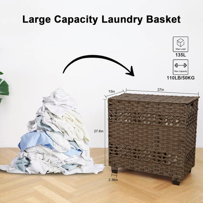 OIAHOMY Laundry Hamper with Lid, 140L Clothes Hamper with 3 Removable Liner Bags, Foldable Basket with Lid, Synthetic Wicker Laundry Basket for Bedroom, 27x 13 x 26 Inches, Grey