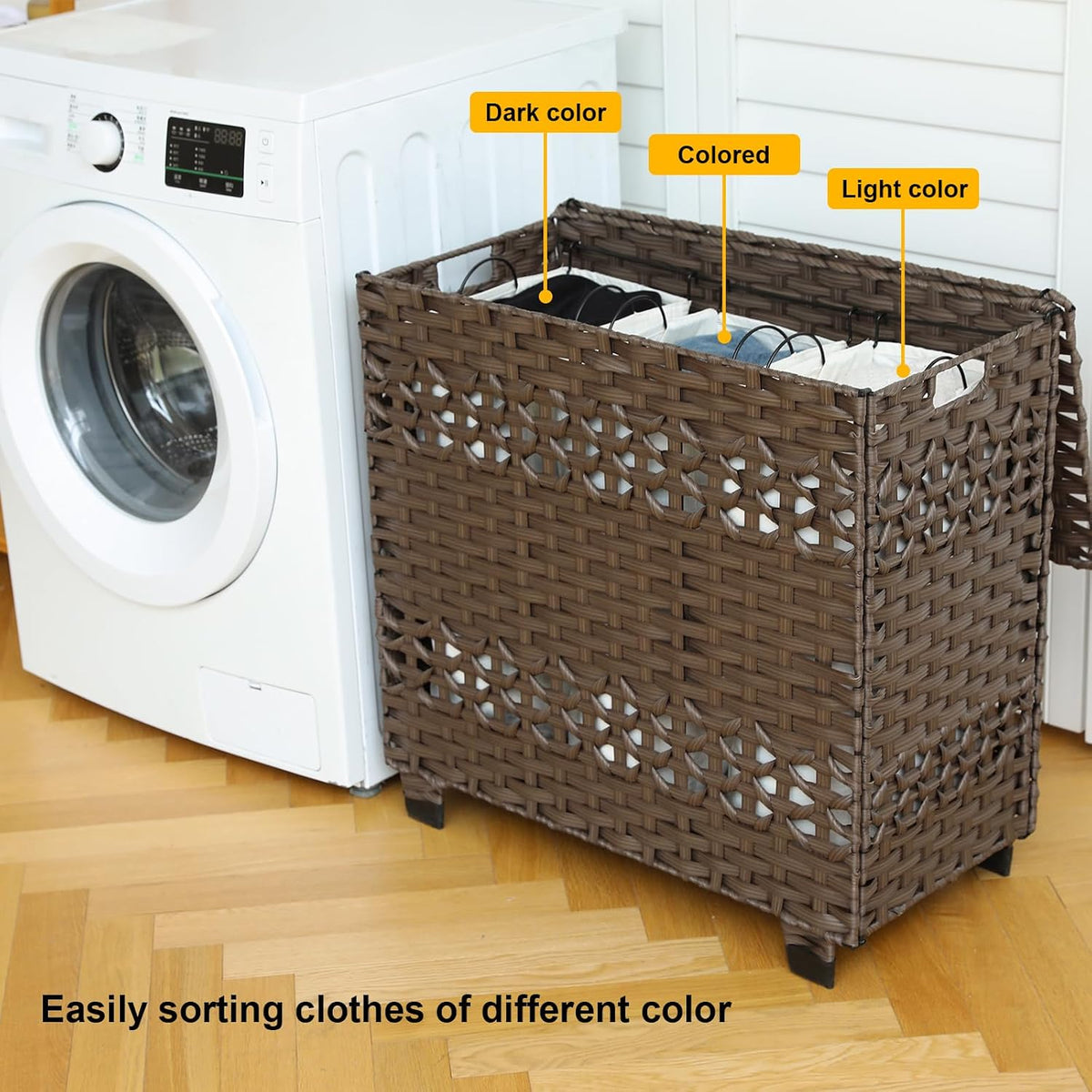 OIAHOMY Laundry Hamper with Lid, 140L Clothes Hamper with 3 Removable Liner Bags, Foldable Basket with Lid, Synthetic Wicker Laundry Basket for Bedroom, 27x 13 x 26 Inches, Grey