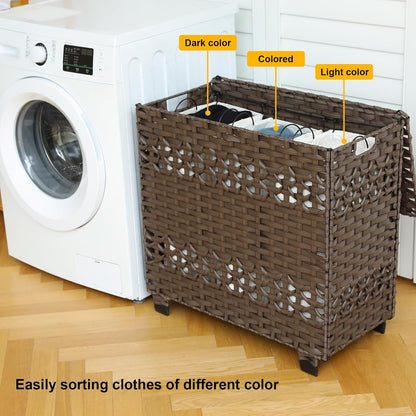 OIAHOMY Laundry Hamper with Lid, 140L Clothes Hamper with 3 Removable Liner Bags, Foldable Basket with Lid, Synthetic Wicker Laundry Basket for Bedroom, 27x 13 x 26 Inches, Grey