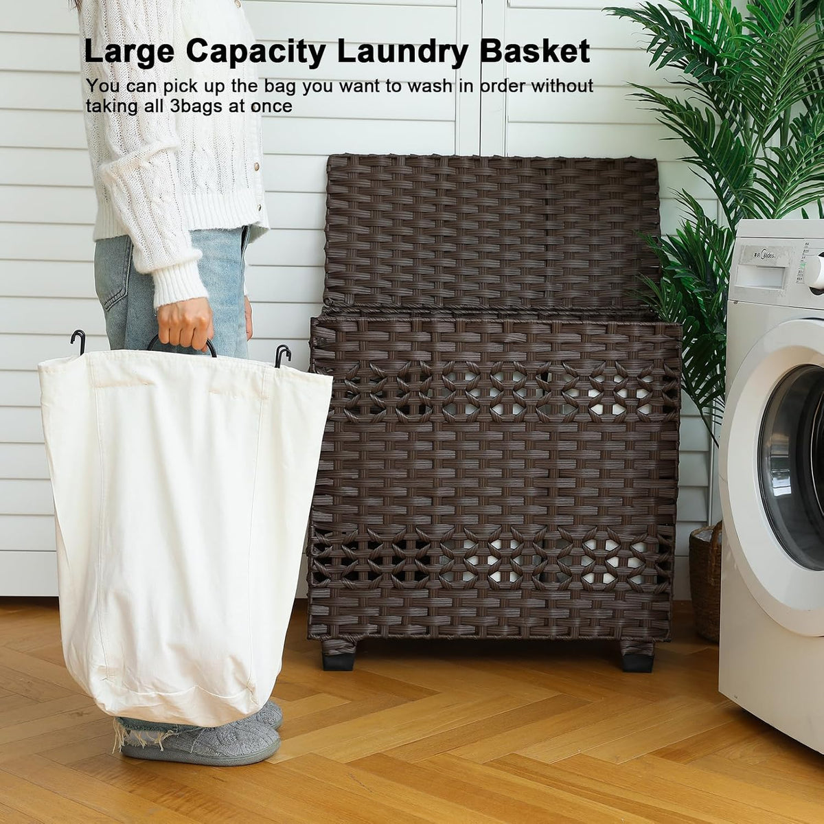 OIAHOMY Laundry Hamper with Lid, 140L Clothes Hamper with 3 Removable Liner Bags, Foldable Basket with Lid, Synthetic Wicker Laundry Basket for Bedroom, 27x 13 x 26 Inches, Grey
