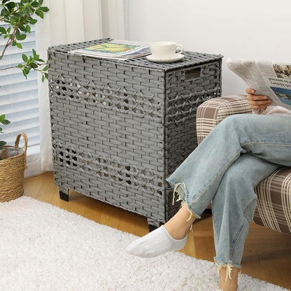 OIAHOMY Laundry Hamper with Lid, 140L Clothes Hamper with 3 Removable Liner Bags, Foldable Basket with Lid, Synthetic Wicker Laundry Basket for Bedroom, 27x 13 x 26 Inches, Grey
