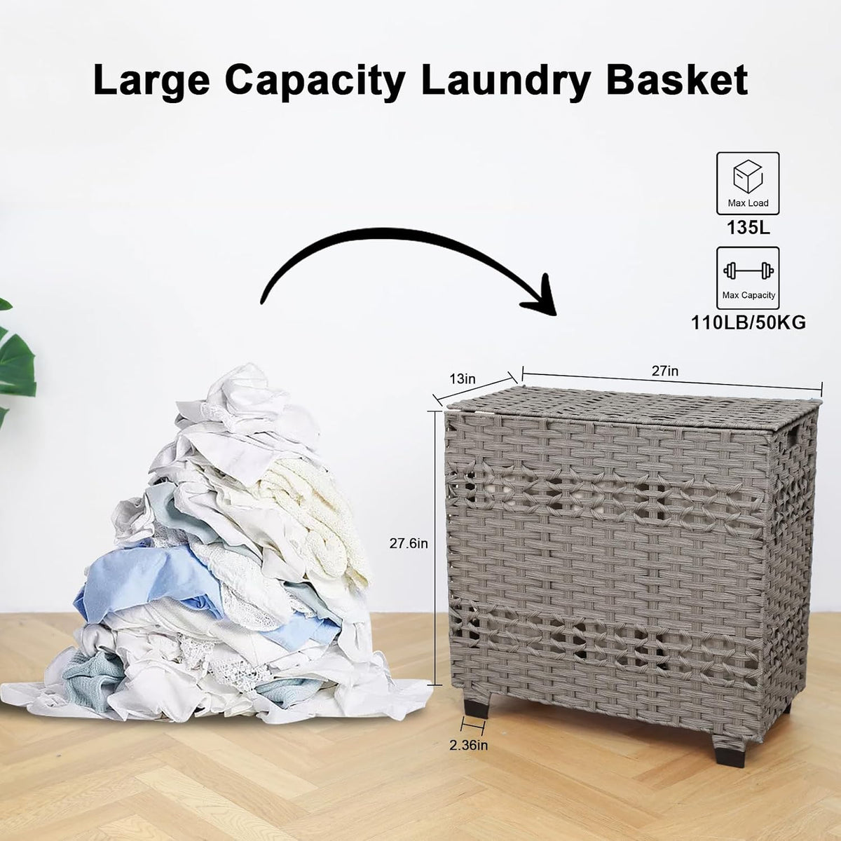 OIAHOMY Laundry Hamper with Lid, 140L Clothes Hamper with 3 Removable Liner Bags, Foldable Basket with Lid, Synthetic Wicker Laundry Basket for Bedroom, 27x 13 x 26 Inches, Grey