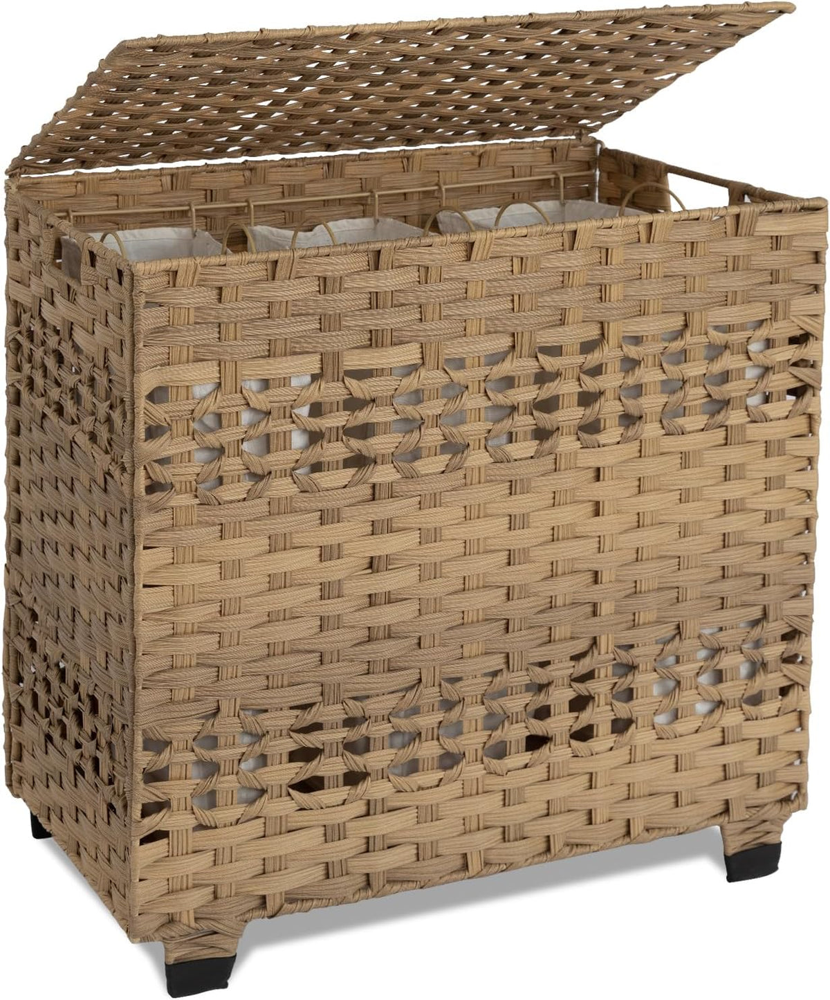 OIAHOMY Laundry Hamper with Lid, 140L Clothes Hamper with 3 Removable Liner Bags, Foldable Basket with Lid, Synthetic Wicker Laundry Basket for Bedroom, 27x 13 x 26 Inches, Grey