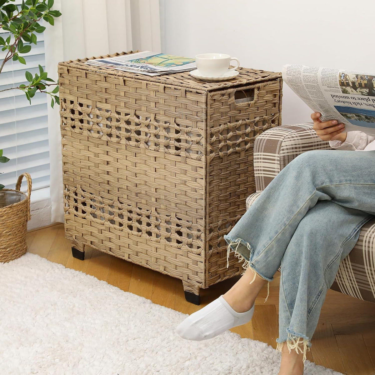 OIAHOMY Laundry Hamper with Lid, 140L Clothes Hamper with 3 Removable Liner Bags, Foldable Basket with Lid, Synthetic Wicker Laundry Basket for Bedroom, 27x 13 x 26 Inches, Grey