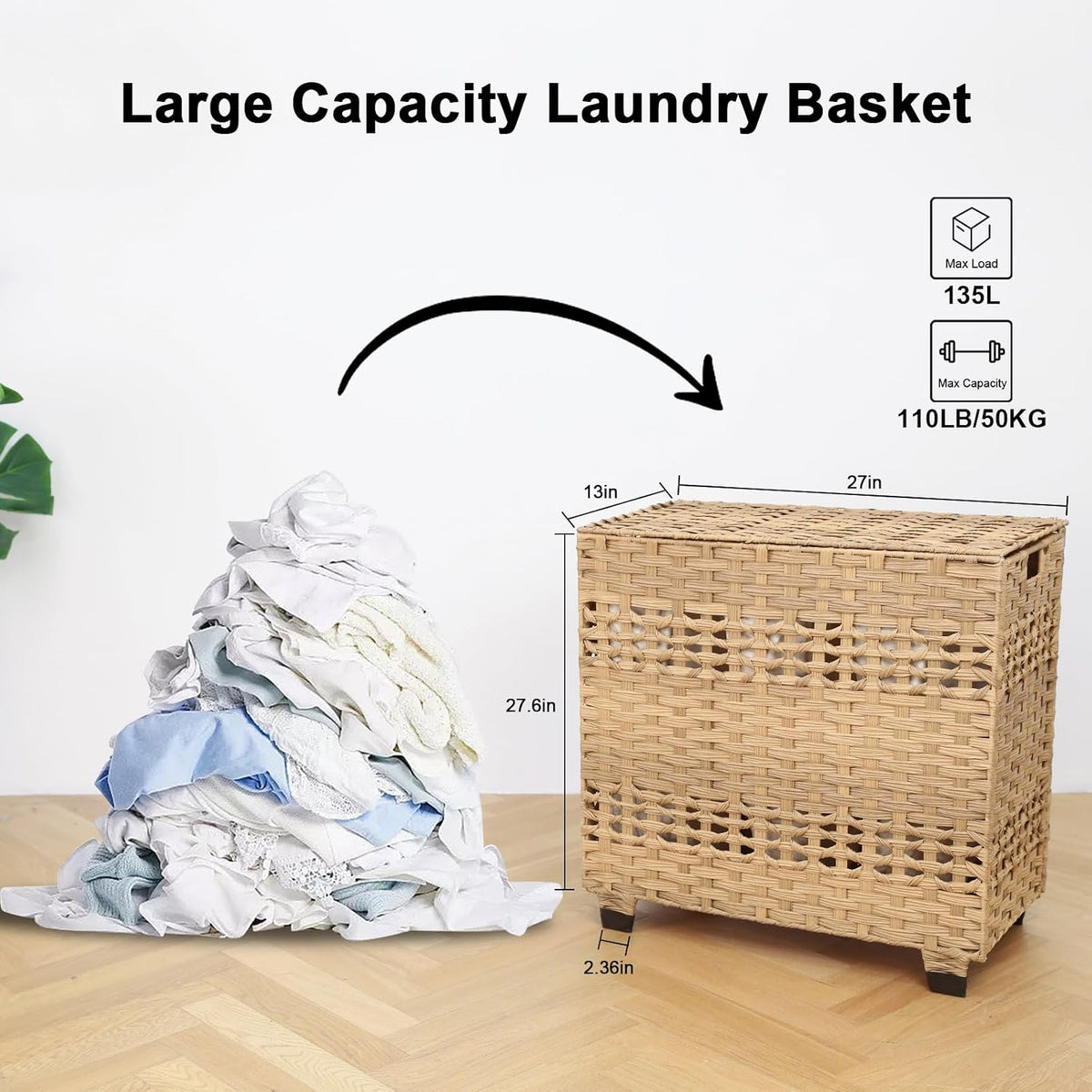 OIAHOMY Laundry Hamper with Lid, 140L Clothes Hamper with 3 Removable Liner Bags, Foldable Basket with Lid, Synthetic Wicker Laundry Basket for Bedroom, 27x 13 x 26 Inches, Grey