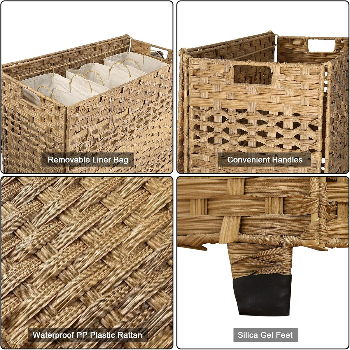 OIAHOMY Laundry Hamper with Lid, 140L Clothes Hamper with 3 Removable Liner Bags, Foldable Basket with Lid, Synthetic Wicker Laundry Basket for Bedroom, 27x 13 x 26 Inches, Grey