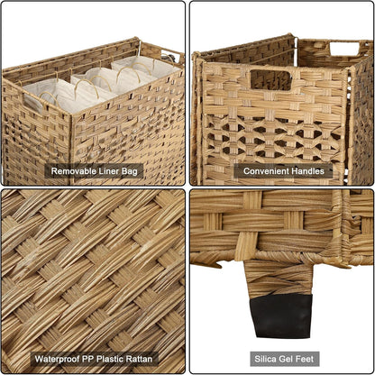 OIAHOMY Laundry Hamper with Lid, 140L Clothes Hamper with 3 Removable Liner Bags, Foldable Basket with Lid, Synthetic Wicker Laundry Basket for Bedroom, 27x 13 x 26 Inches, Grey