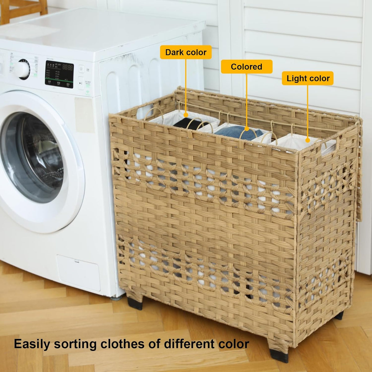OIAHOMY Laundry Hamper with Lid, 140L Clothes Hamper with 3 Removable Liner Bags, Foldable Basket with Lid, Synthetic Wicker Laundry Basket for Bedroom, 27x 13 x 26 Inches, Grey