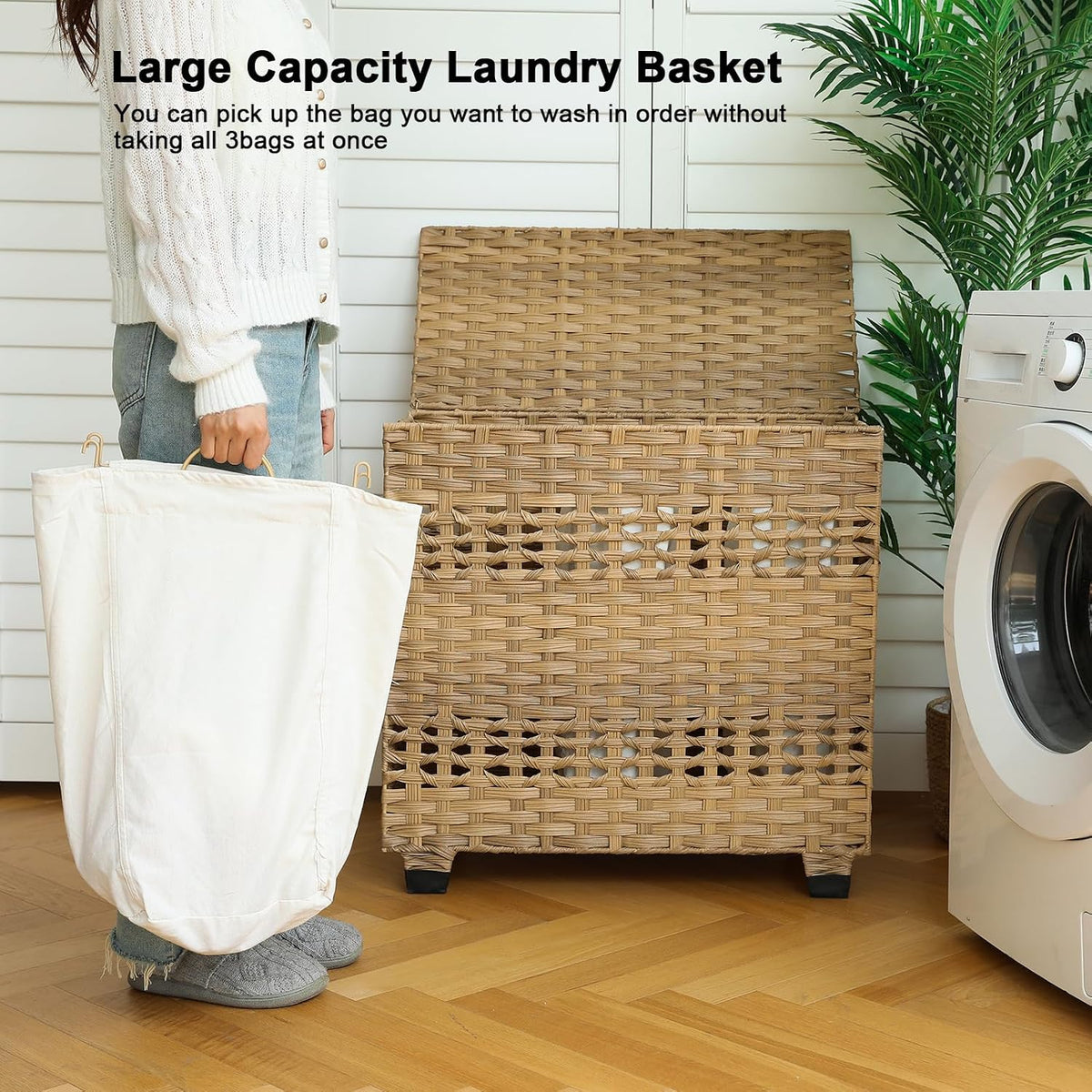 OIAHOMY Laundry Hamper with Lid, 140L Clothes Hamper with 3 Removable Liner Bags, Foldable Basket with Lid, Synthetic Wicker Laundry Basket for Bedroom, 27x 13 x 26 Inches, Grey