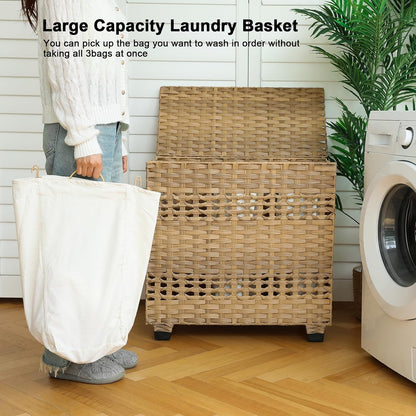 OIAHOMY Laundry Hamper with Lid, 140L Clothes Hamper with 3 Removable Liner Bags, Foldable Basket with Lid, Synthetic Wicker Laundry Basket for Bedroom, 27x 13 x 26 Inches, Grey