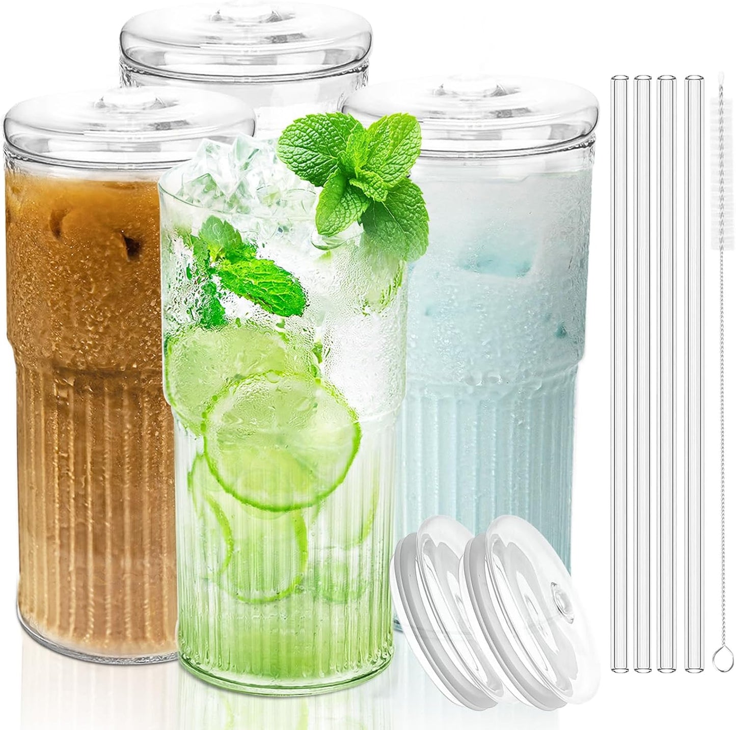 18.5oz Glass Cups with Lids and Straws – Single Reusable Tumbler, Thickened Shatter-Resistant Glass, Ideal for Iced Coffee, Smoothies, Cocktails, Juices – Elegant & Durable Drinkware