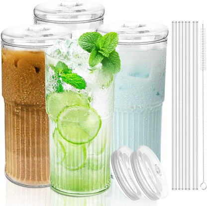 18.5oz Glass Cups with Lids and Straws – Single Reusable Tumbler, Thickened Shatter-Resistant Glass, Ideal for Iced Coffee, Smoothies, Cocktails, Juices – Elegant & Durable Drinkware