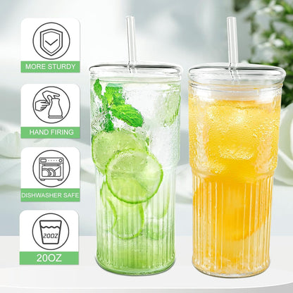 18.5oz Glass Cups with Lids and Straws – Single Reusable Tumbler, Thickened Shatter-Resistant Glass, Ideal for Iced Coffee, Smoothies, Cocktails, Juices – Elegant & Durable Drinkware