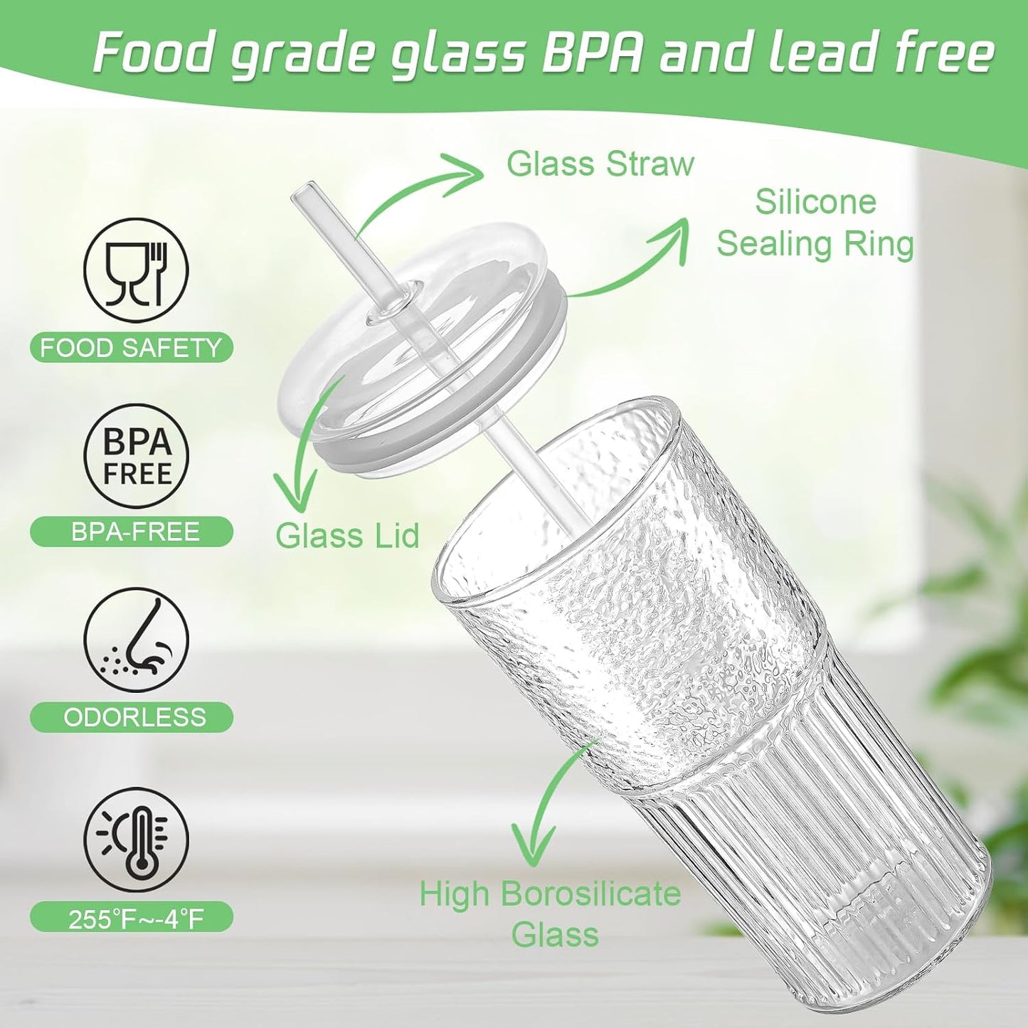 18.5oz Glass Cups with Lids and Straws – Single Reusable Tumbler, Thickened Shatter-Resistant Glass, Ideal for Iced Coffee, Smoothies, Cocktails, Juices – Elegant & Durable Drinkware