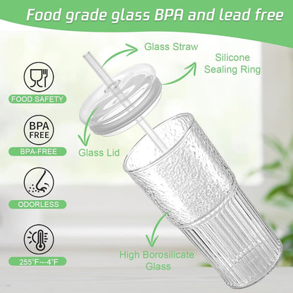 18.5oz Glass Cups with Lids and Straws – Single Reusable Tumbler, Thickened Shatter-Resistant Glass, Ideal for Iced Coffee, Smoothies, Cocktails, Juices – Elegant & Durable Drinkware