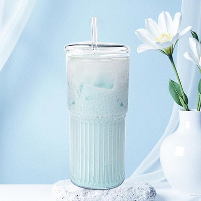 18.5oz Glass Cups with Lids and Straws – Single Reusable Tumbler, Thickened Shatter-Resistant Glass, Ideal for Iced Coffee, Smoothies, Cocktails, Juices – Elegant & Durable Drinkware