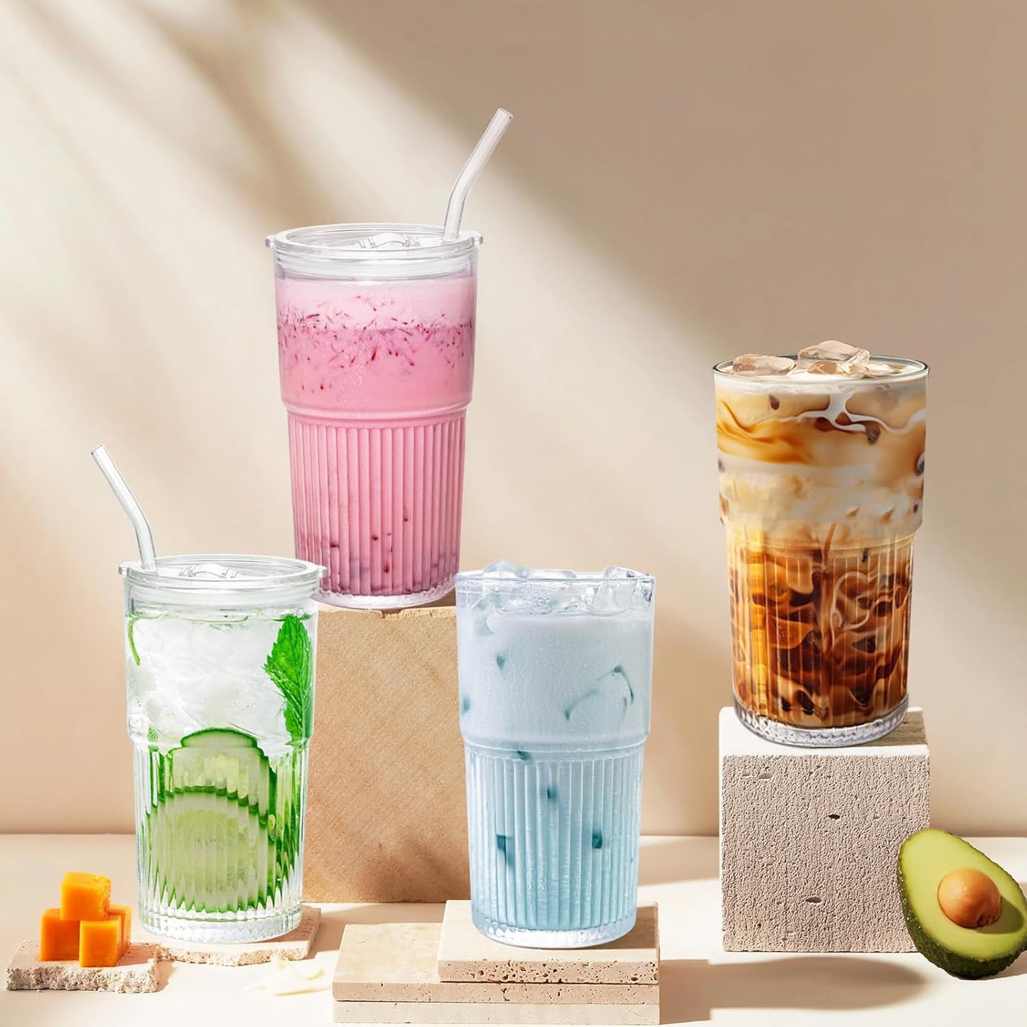 18.5oz Glass Cups with Lids and Straws – Single Reusable Tumbler, Thickened Shatter-Resistant Glass, Ideal for Iced Coffee, Smoothies, Cocktails, Juices – Elegant & Durable Drinkware