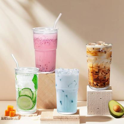 18.5oz Glass Cups with Lids and Straws – Single Reusable Tumbler, Thickened Shatter-Resistant Glass, Ideal for Iced Coffee, Smoothies, Cocktails, Juices – Elegant & Durable Drinkware