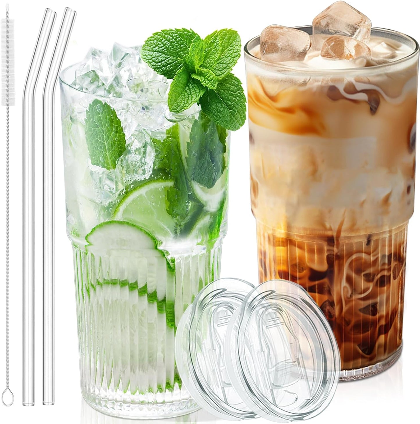18.5oz Glass Cups with Lids and Straws – Single Reusable Tumbler, Thickened Shatter-Resistant Glass, Ideal for Iced Coffee, Smoothies, Cocktails, Juices – Elegant & Durable Drinkware