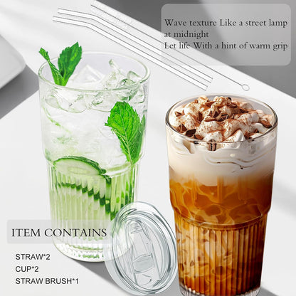 18.5oz Glass Cups with Lids and Straws – Single Reusable Tumbler, Thickened Shatter-Resistant Glass, Ideal for Iced Coffee, Smoothies, Cocktails, Juices – Elegant & Durable Drinkware