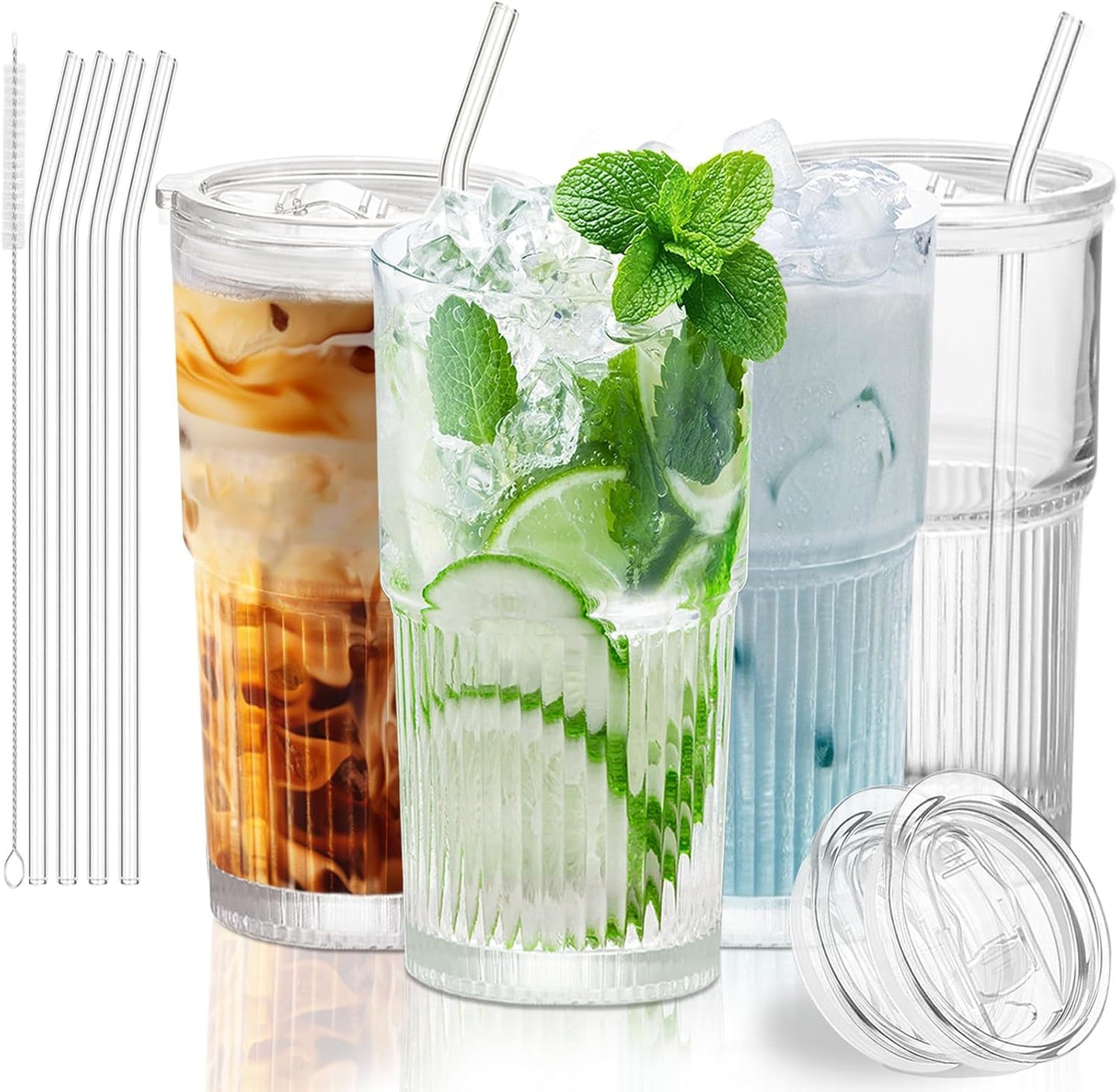 18.5oz Glass Cups with Lids and Straws – Single Reusable Tumbler, Thickened Shatter-Resistant Glass, Ideal for Iced Coffee, Smoothies, Cocktails, Juices – Elegant & Durable Drinkware