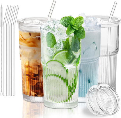 18.5oz Glass Cups with Lids and Straws – Single Reusable Tumbler, Thickened Shatter-Resistant Glass, Ideal for Iced Coffee, Smoothies, Cocktails, Juices – Elegant & Durable Drinkware