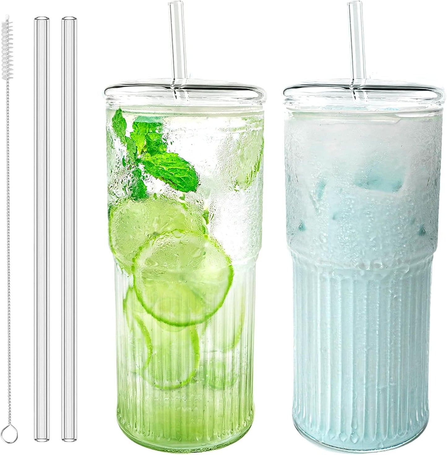 18.5oz Glass Cups with Lids and Straws – Single Reusable Tumbler, Thickened Shatter-Resistant Glass, Ideal for Iced Coffee, Smoothies, Cocktails, Juices – Elegant & Durable Drinkware