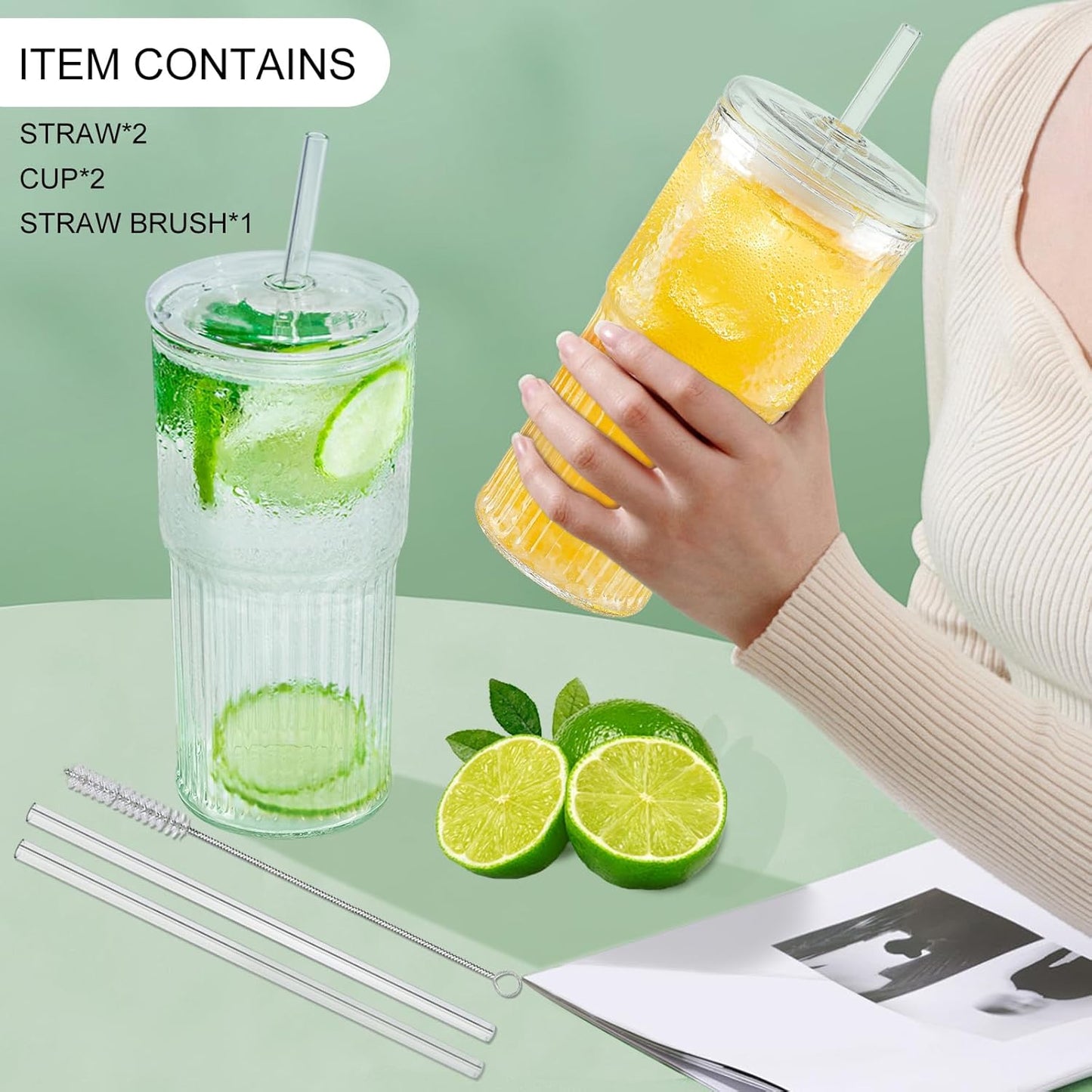 18.5oz Glass Cups with Lids and Straws – Single Reusable Tumbler, Thickened Shatter-Resistant Glass, Ideal for Iced Coffee, Smoothies, Cocktails, Juices – Elegant & Durable Drinkware