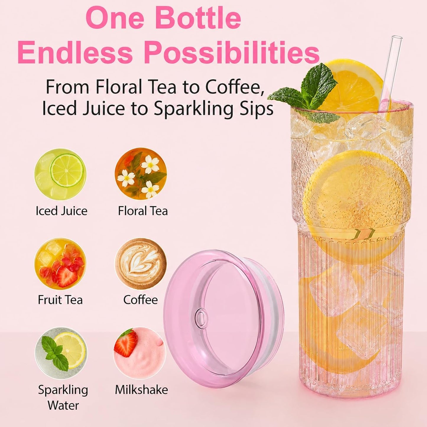18.5oz Glass Cups with Lids and Straws – Single Reusable Tumbler, Thickened Shatter-Resistant Glass, Ideal for Iced Coffee, Smoothies, Cocktails, Juices – Elegant & Durable Drinkware
