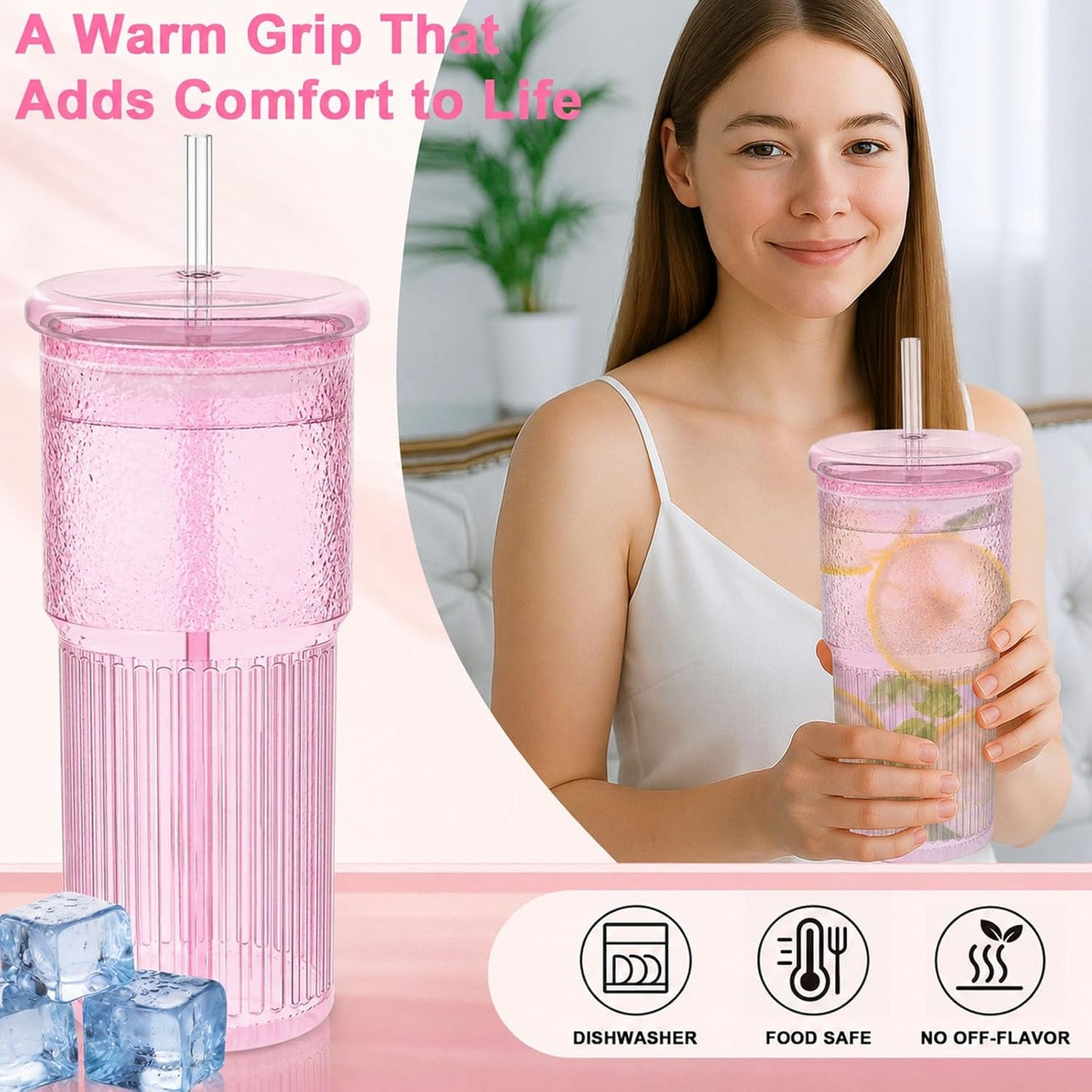 18.5oz Glass Cups with Lids and Straws – Single Reusable Tumbler, Thickened Shatter-Resistant Glass, Ideal for Iced Coffee, Smoothies, Cocktails, Juices – Elegant & Durable Drinkware
