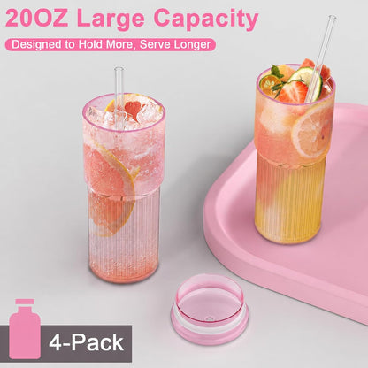 18.5oz Glass Cups with Lids and Straws – Single Reusable Tumbler, Thickened Shatter-Resistant Glass, Ideal for Iced Coffee, Smoothies, Cocktails, Juices – Elegant & Durable Drinkware