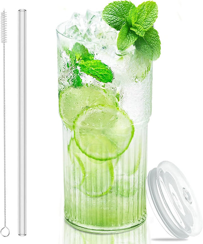 18.5oz Glass Cups with Lids and Straws – Single Reusable Tumbler, Thickened Shatter-Resistant Glass, Ideal for Iced Coffee, Smoothies, Cocktails, Juices – Elegant & Durable Drinkware