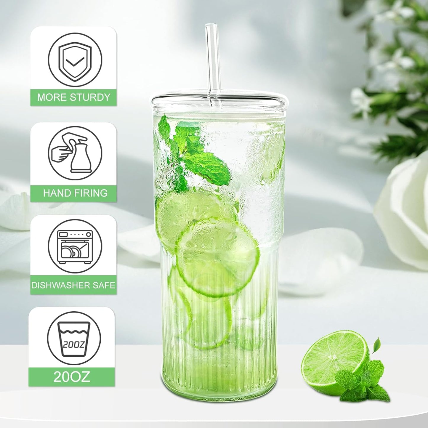 18.5oz Glass Cups with Lids and Straws – Single Reusable Tumbler, Thickened Shatter-Resistant Glass, Ideal for Iced Coffee, Smoothies, Cocktails, Juices – Elegant & Durable Drinkware