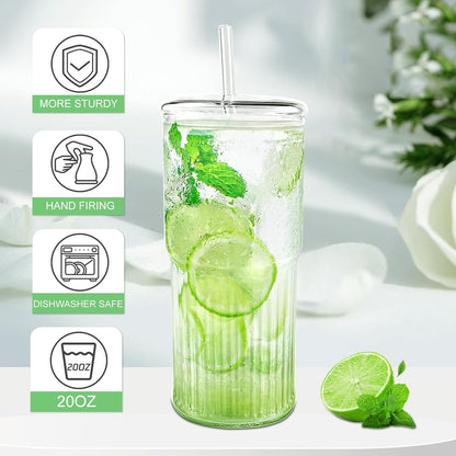 18.5oz Glass Cups with Lids and Straws – Single Reusable Tumbler, Thickened Shatter-Resistant Glass, Ideal for Iced Coffee, Smoothies, Cocktails, Juices – Elegant & Durable Drinkware