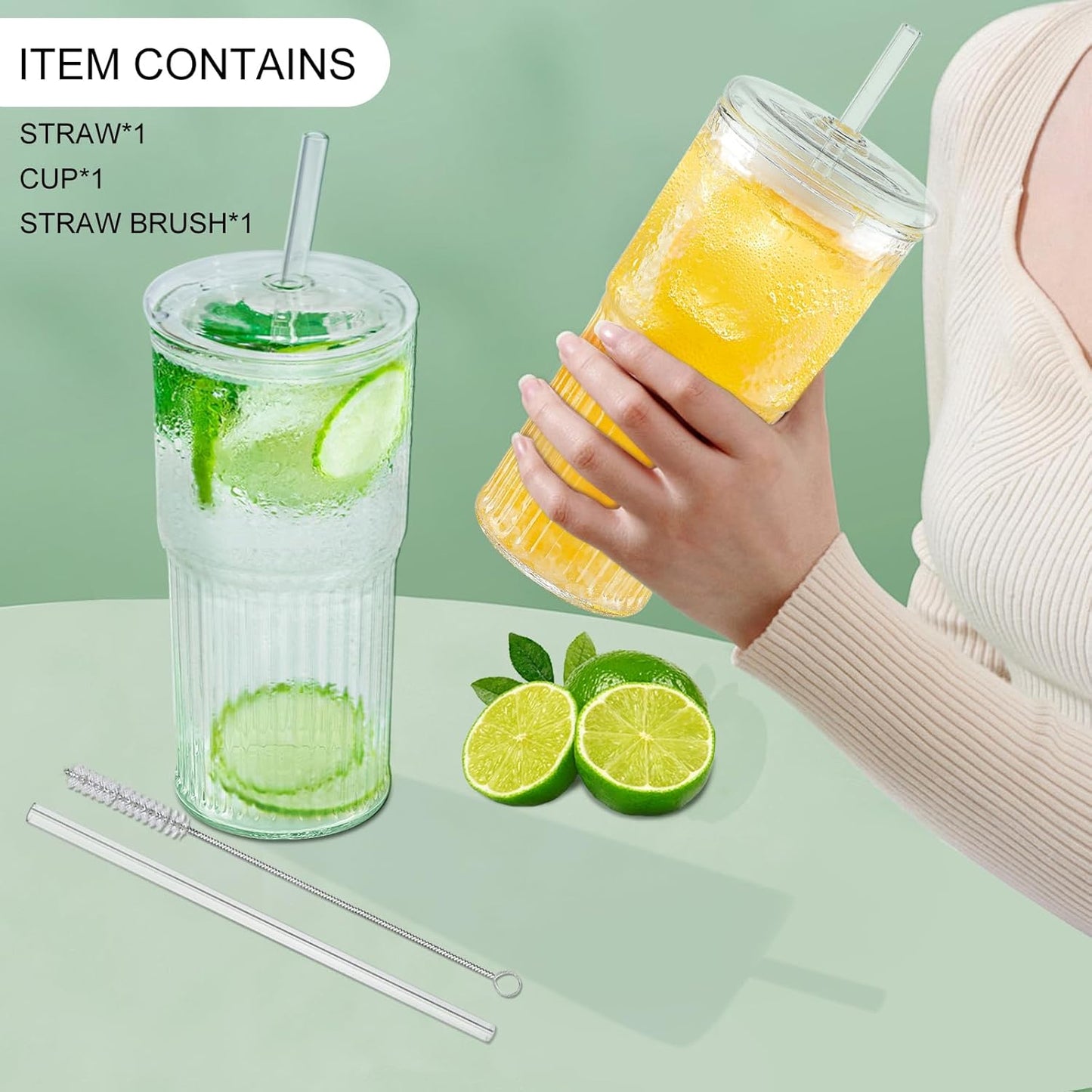 18.5oz Glass Cups with Lids and Straws – Single Reusable Tumbler, Thickened Shatter-Resistant Glass, Ideal for Iced Coffee, Smoothies, Cocktails, Juices – Elegant & Durable Drinkware