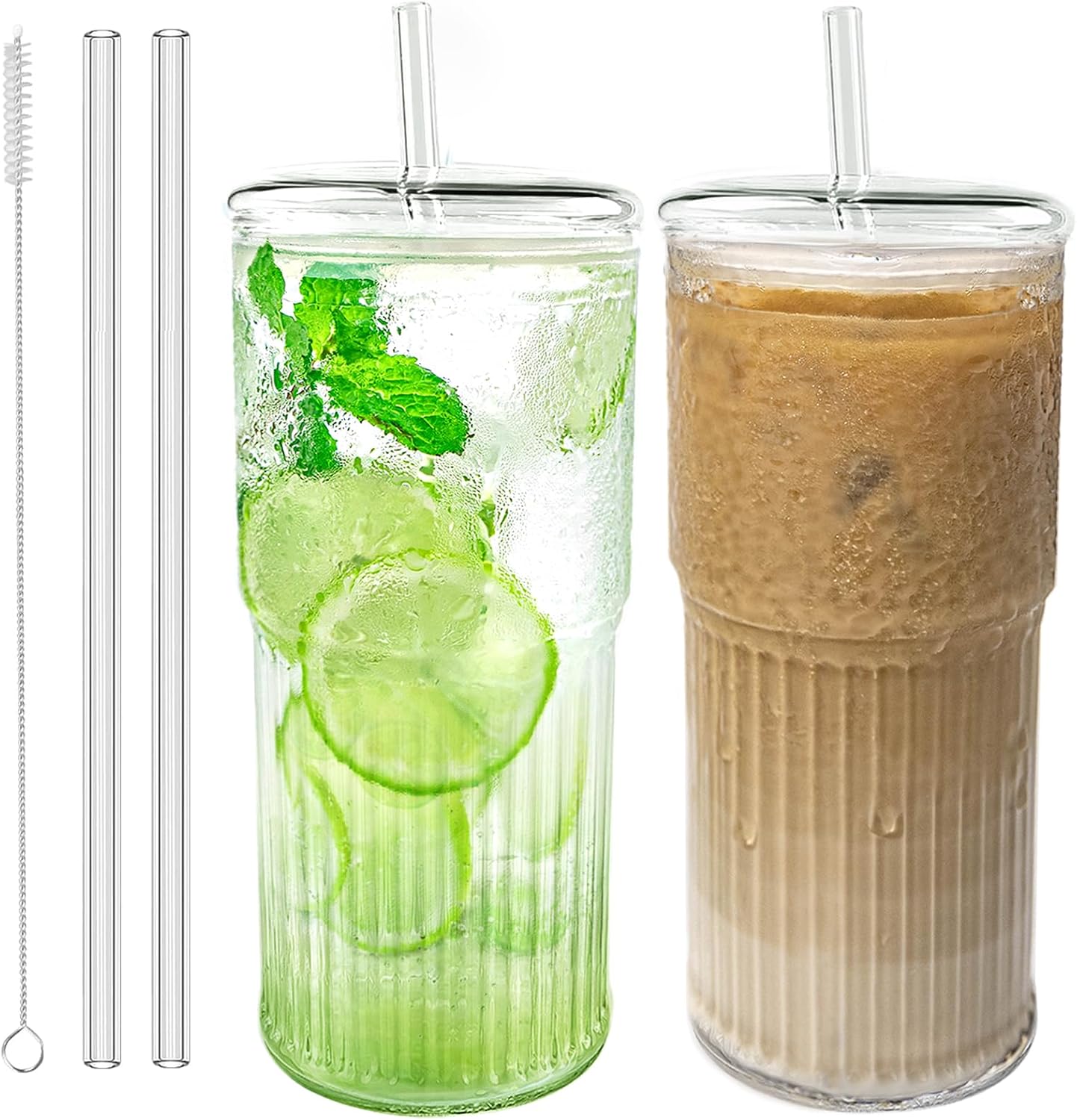18.5oz Glass Cups with Lids and Straws – Single Reusable Tumbler, Thickened Shatter-Resistant Glass, Ideal for Iced Coffee, Smoothies, Cocktails, Juices – Elegant & Durable Drinkware