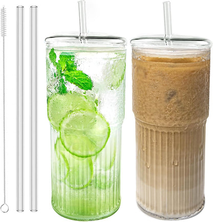 18.5oz Glass Cups with Lids and Straws – Single Reusable Tumbler, Thickened Shatter-Resistant Glass, Ideal for Iced Coffee, Smoothies, Cocktails, Juices – Elegant & Durable Drinkware