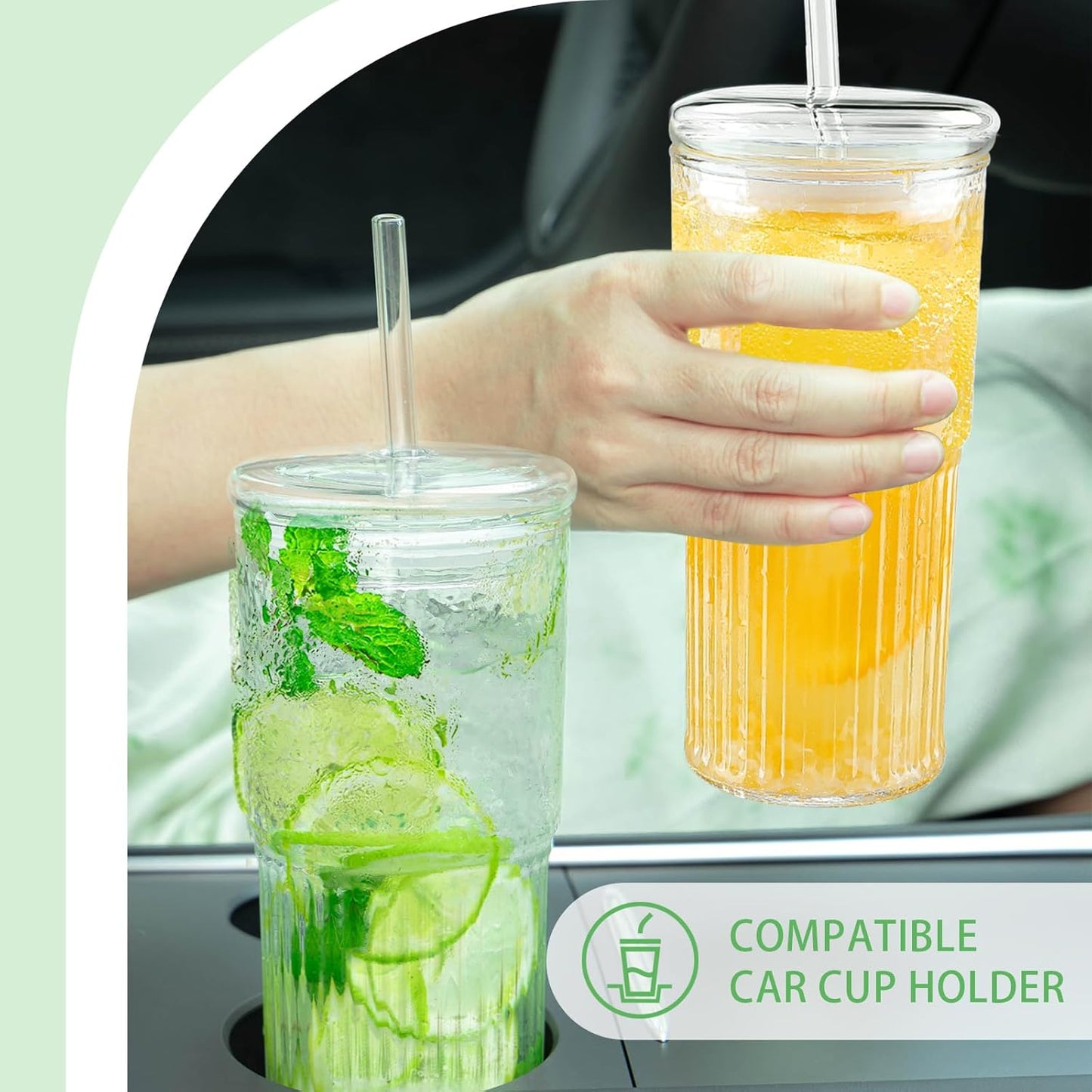 18.5oz Glass Cups with Lids and Straws – Single Reusable Tumbler, Thickened Shatter-Resistant Glass, Ideal for Iced Coffee, Smoothies, Cocktails, Juices – Elegant & Durable Drinkware