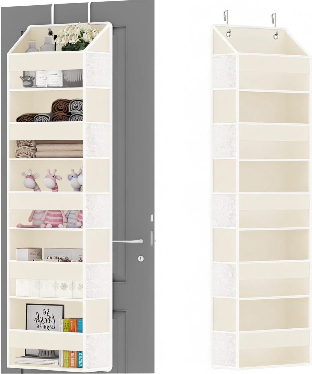 Over The Door Organizer - Over Door Storage Organizer with 5 Large Pockets & 10 Mesh Side Compartments - Heavy-Duty Hanging Storage for Bathroom, Bedroom & Closet - Baby Room Organize - Grey