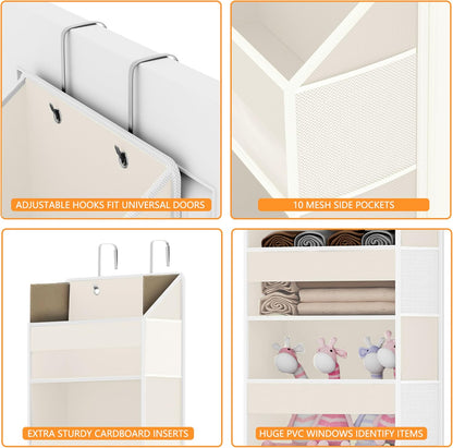 Over The Door Organizer - Over Door Storage Organizer with 5 Large Pockets & 10 Mesh Side Compartments - Heavy-Duty Hanging Storage for Bathroom, Bedroom & Closet - Baby Room Organize - Grey